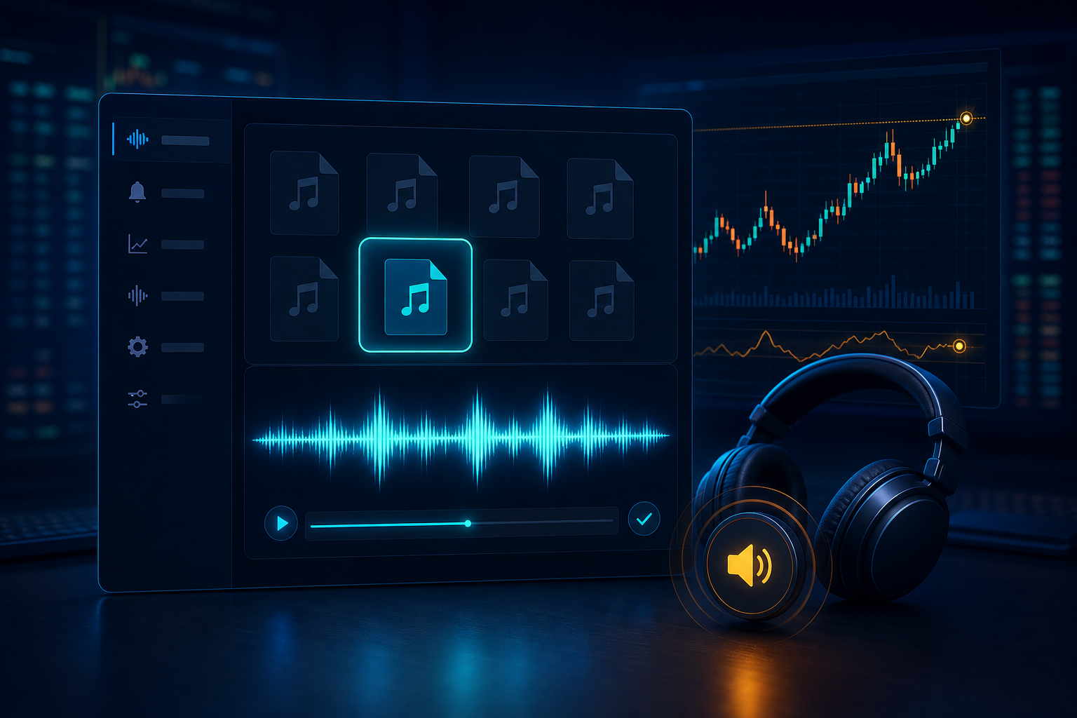 MT4・MT5の音声ファイル割り当てと波形、ヘッドホンでアラート音を確認するイメージ