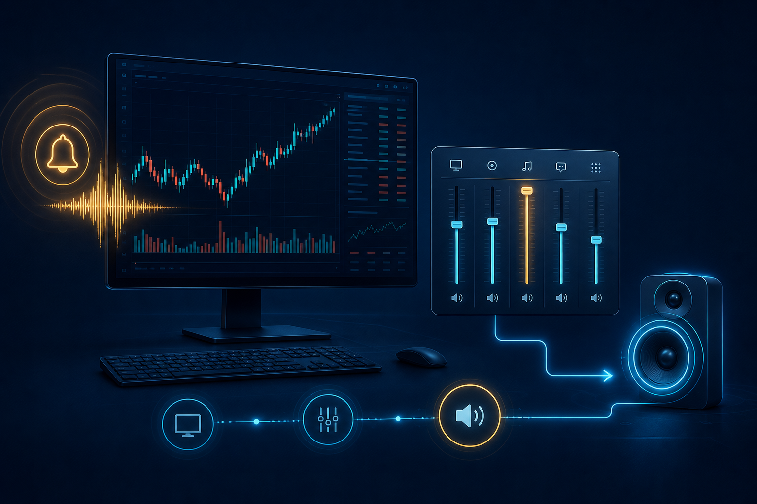 MT4・MT5のアラート音をWindows音量ミキサーと出力デバイスで切り分けるイメージ