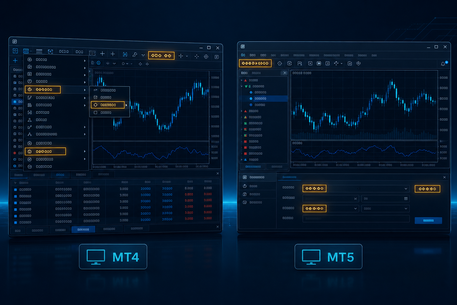 MT4とMT5の画面を並べて文字化けする場所を比較するイメージ