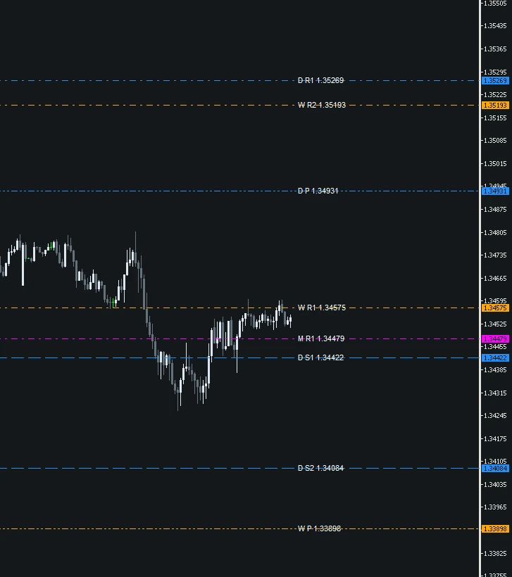 MTF Pivot LinesのラベルでD、W、MとP、R、S、価格を確認する画面