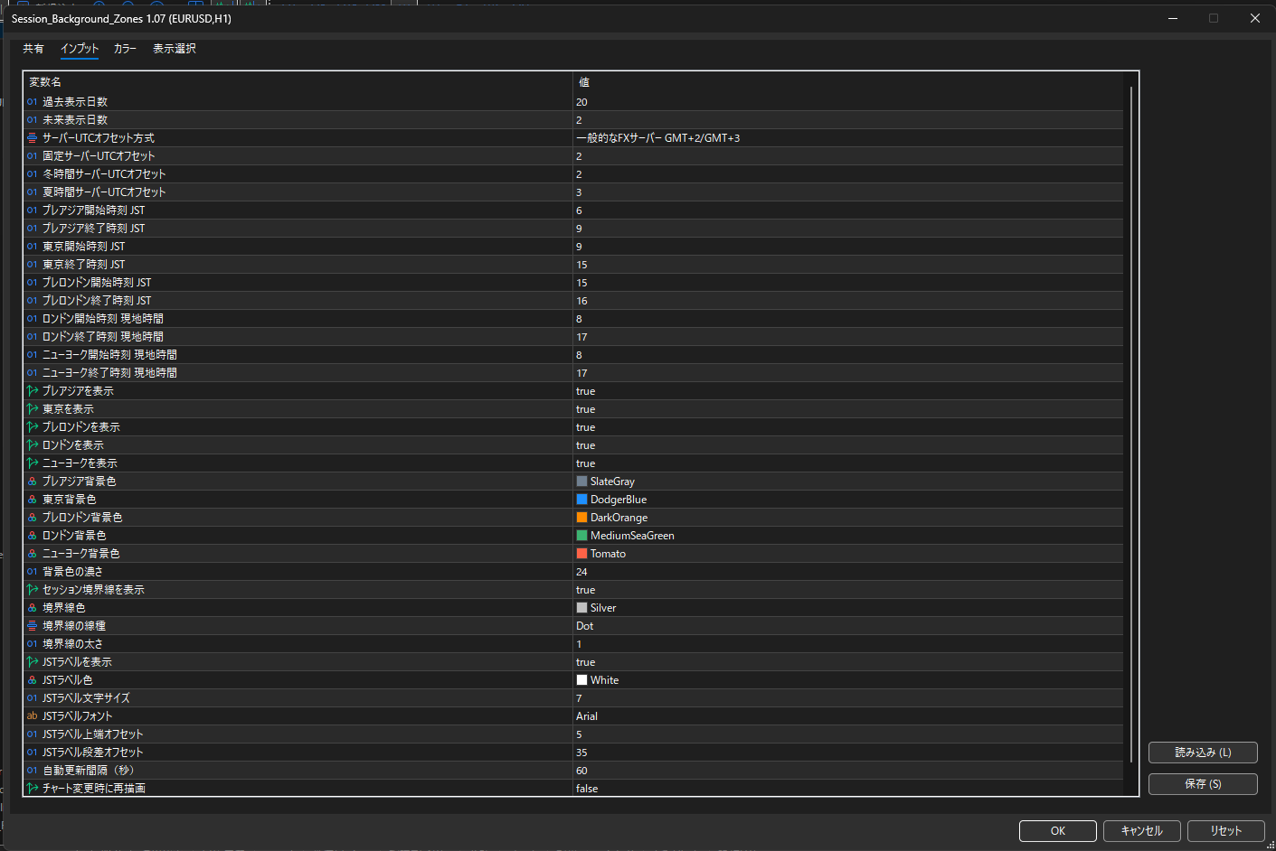 Session Background Zones v1.07のMT5入力パラメーター設定画面